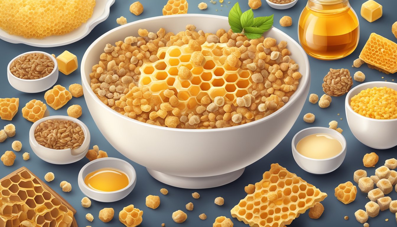 A bowl of honeycomb cereal surrounded by various food additives and ingredients, such as milk, honey, and grains