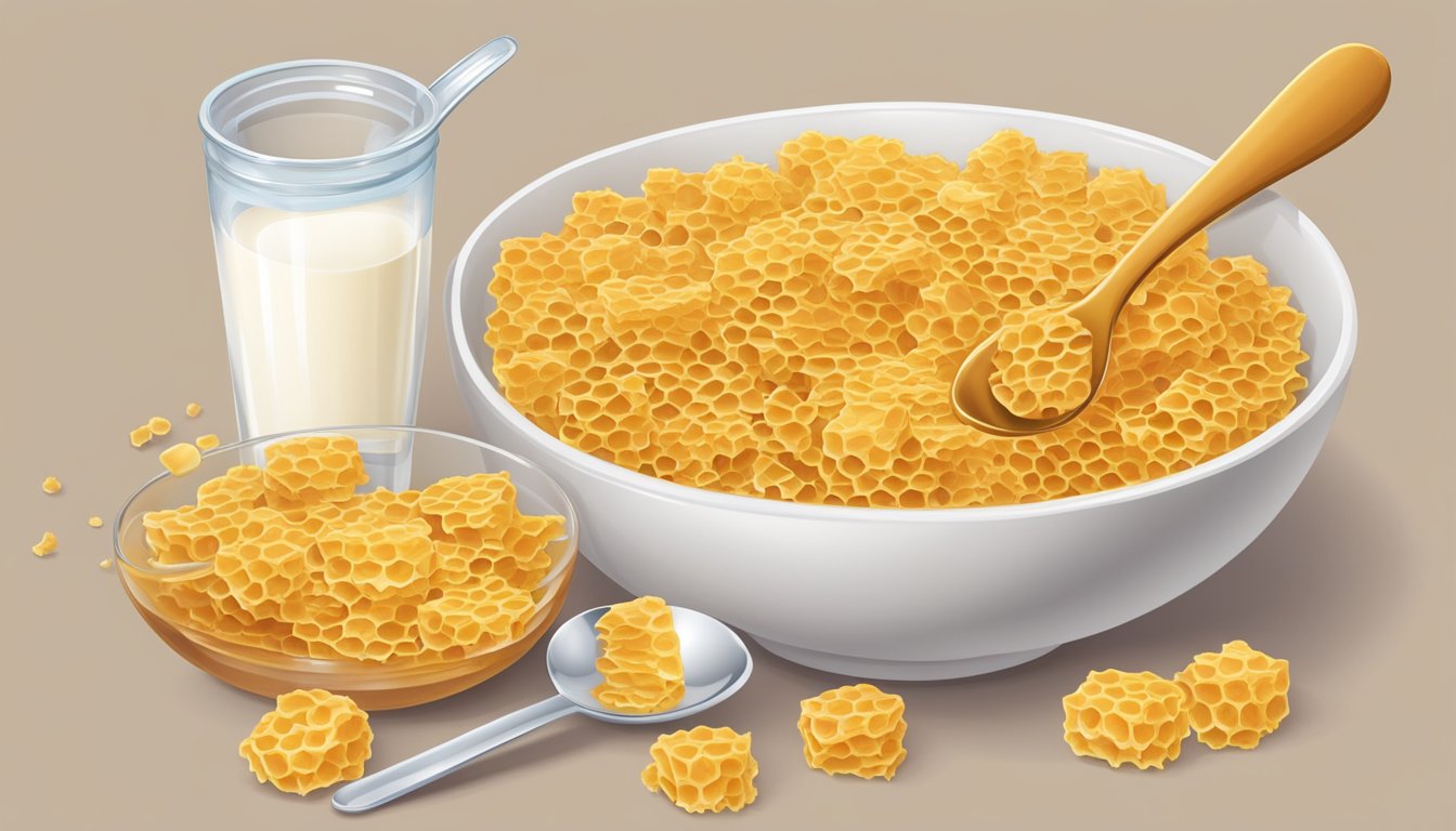 A bowl of honeycomb cereal with milk, a spoon, and a measuring cup showing the serving size