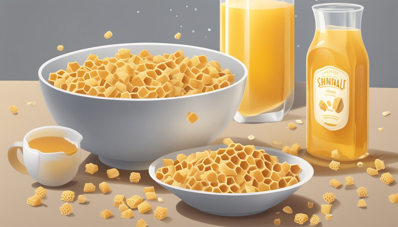 A bowl of honeycomb cereal sits next to a jug of milk, surrounded by scattered cereal pieces and a drizzle of honey