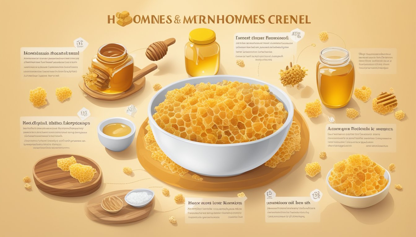 A bowl of honeycomb cereal surrounded by various types of honey and honeycomb, with nutritional information displayed nearby