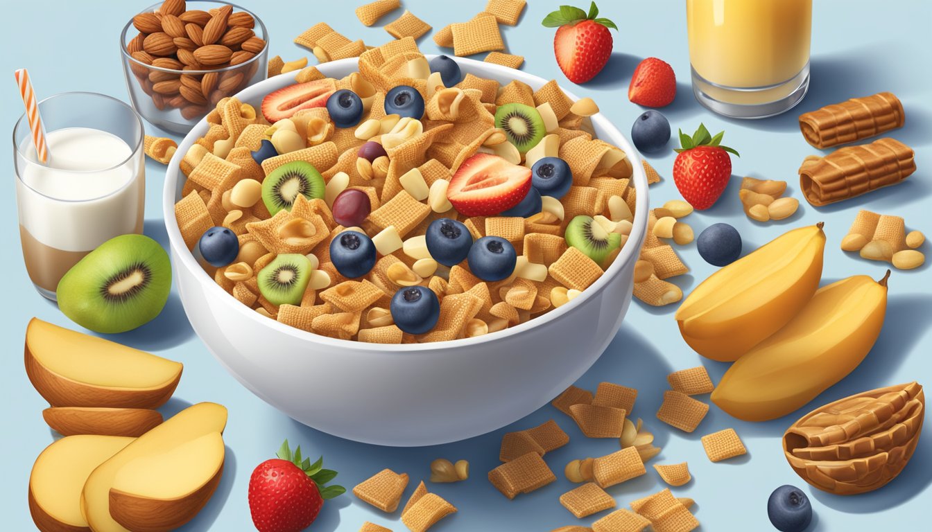 A bowl of Chex cereal surrounded by various nutritious foods and ingredients, such as fruits, nuts, and dairy products, with a glass of milk on the side