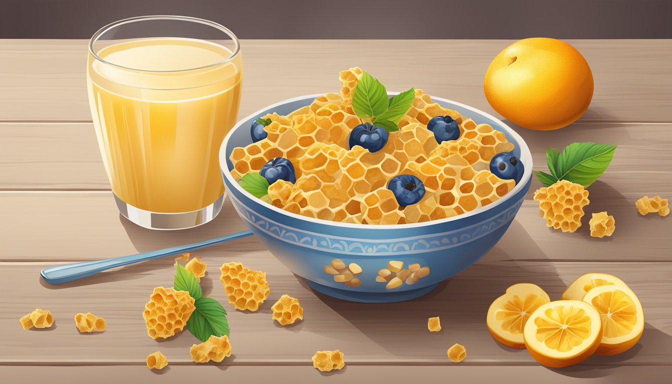 A bowl of honeycomb cereal surrounded by various fruits and a glass of milk on a wooden table