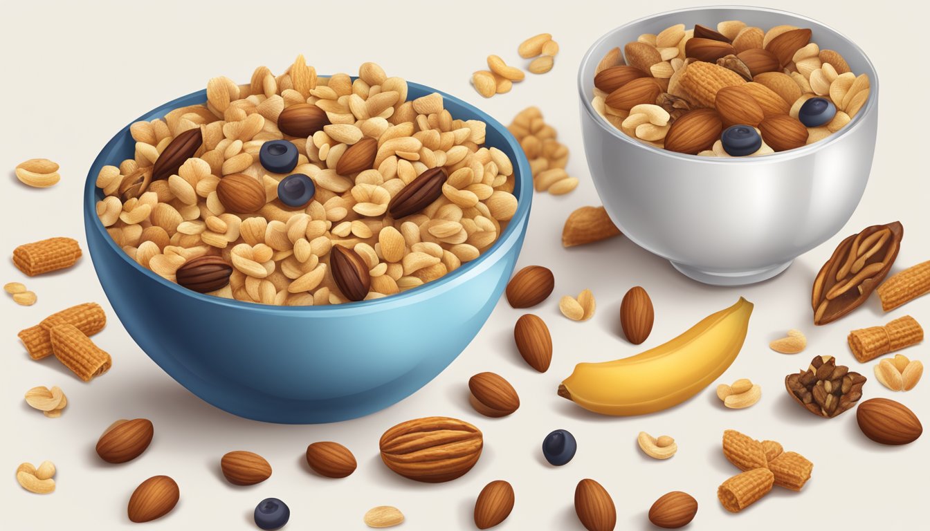 A bowl of Chex cereal surrounded by a variety of nuts, seeds, and dried fruits, with a glass of milk on the side