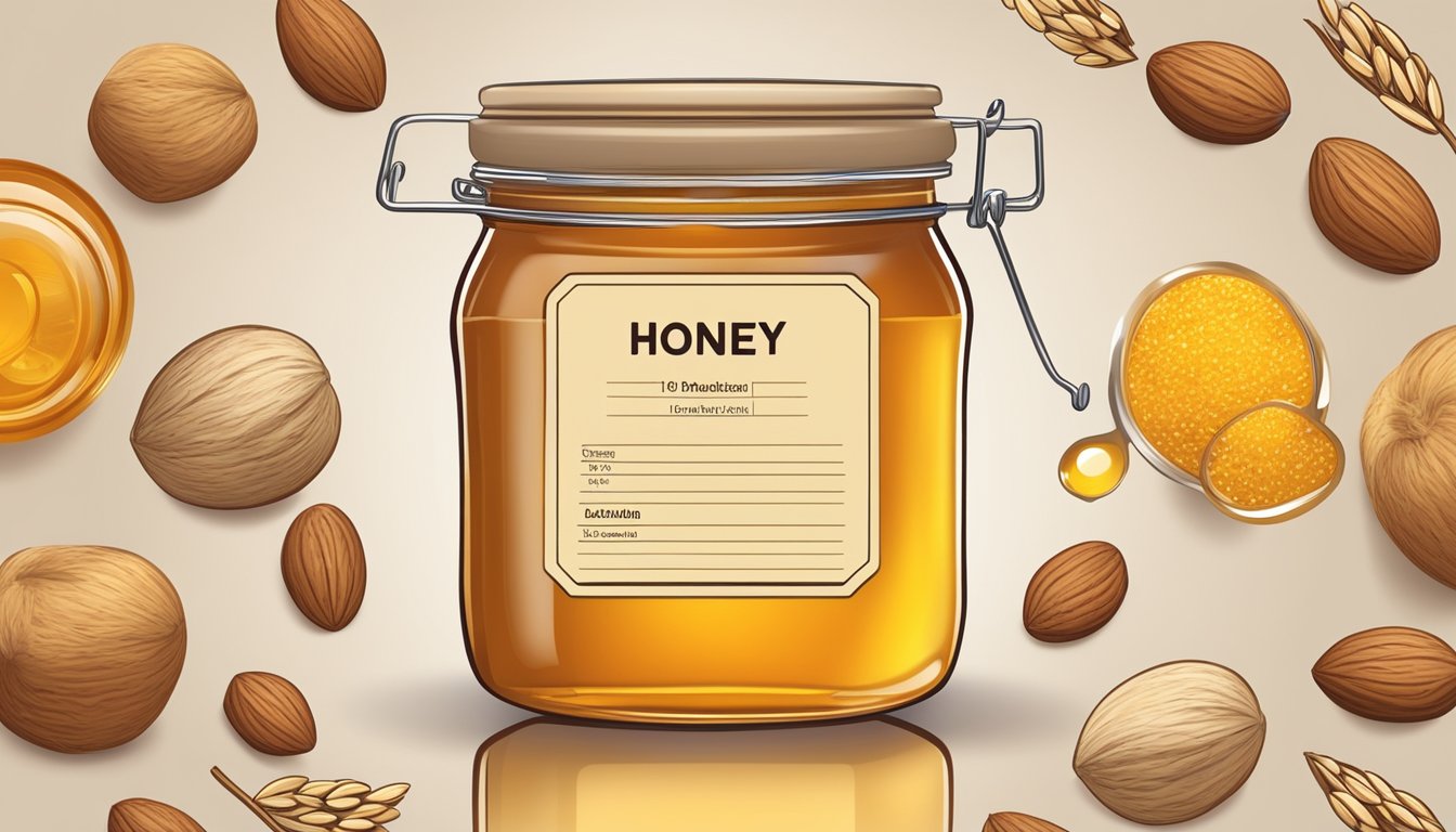 A jar of honey surrounded by a variety of nuts and oats, with a nutrition label in the background