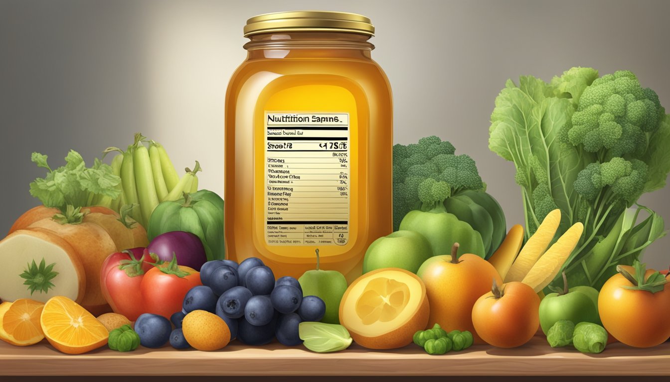 A jar of honey surrounded by various fruits and vegetables, with a nutrition label and a safety helmet in the background