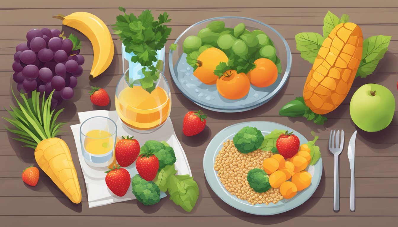 A table filled with colorful fruits, vegetables, grains, and lean proteins, with a glass of water on the side