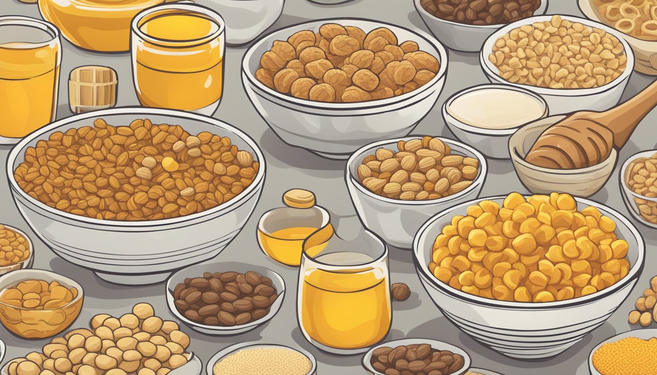 A bowl of honey ohs cereal surrounded by various other cereals, highlighting its nutritional content