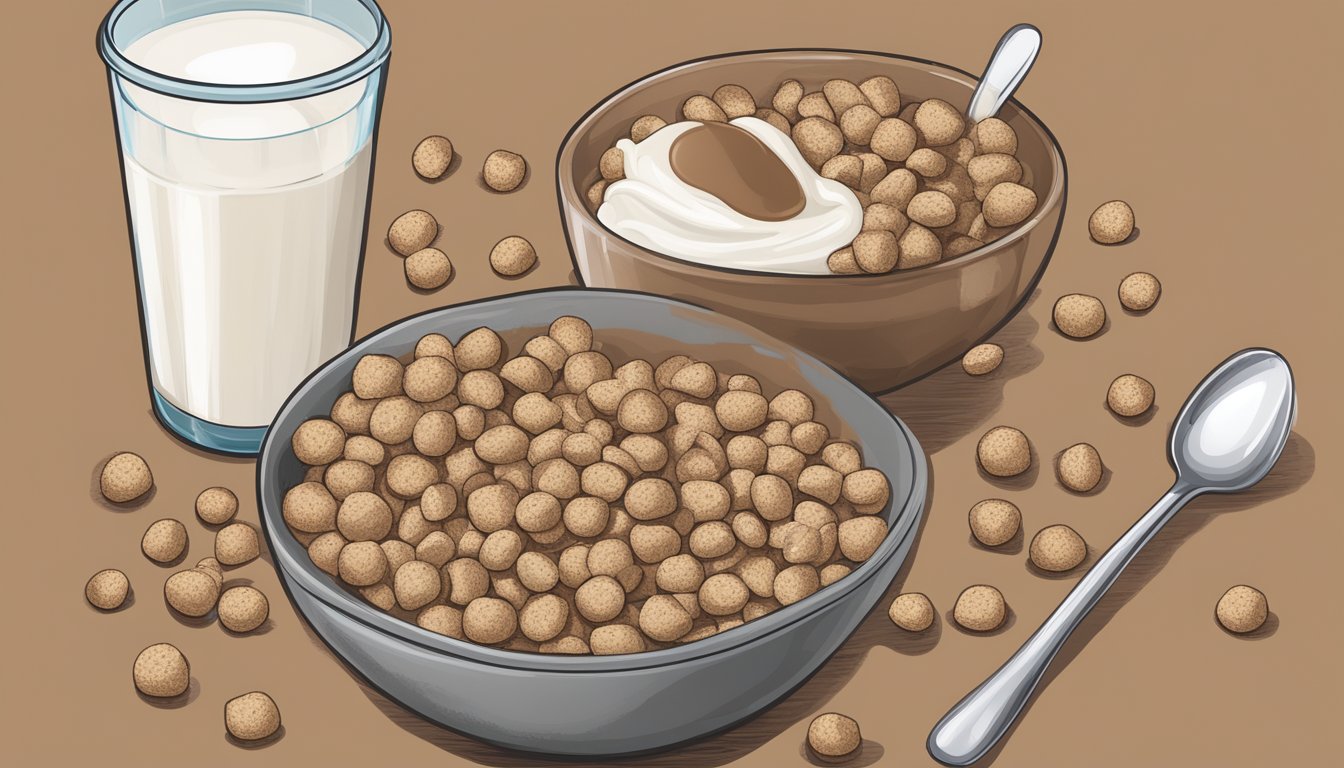 A bowl of cocoa puffs cereal with milk, a spoon, and a nutrition label