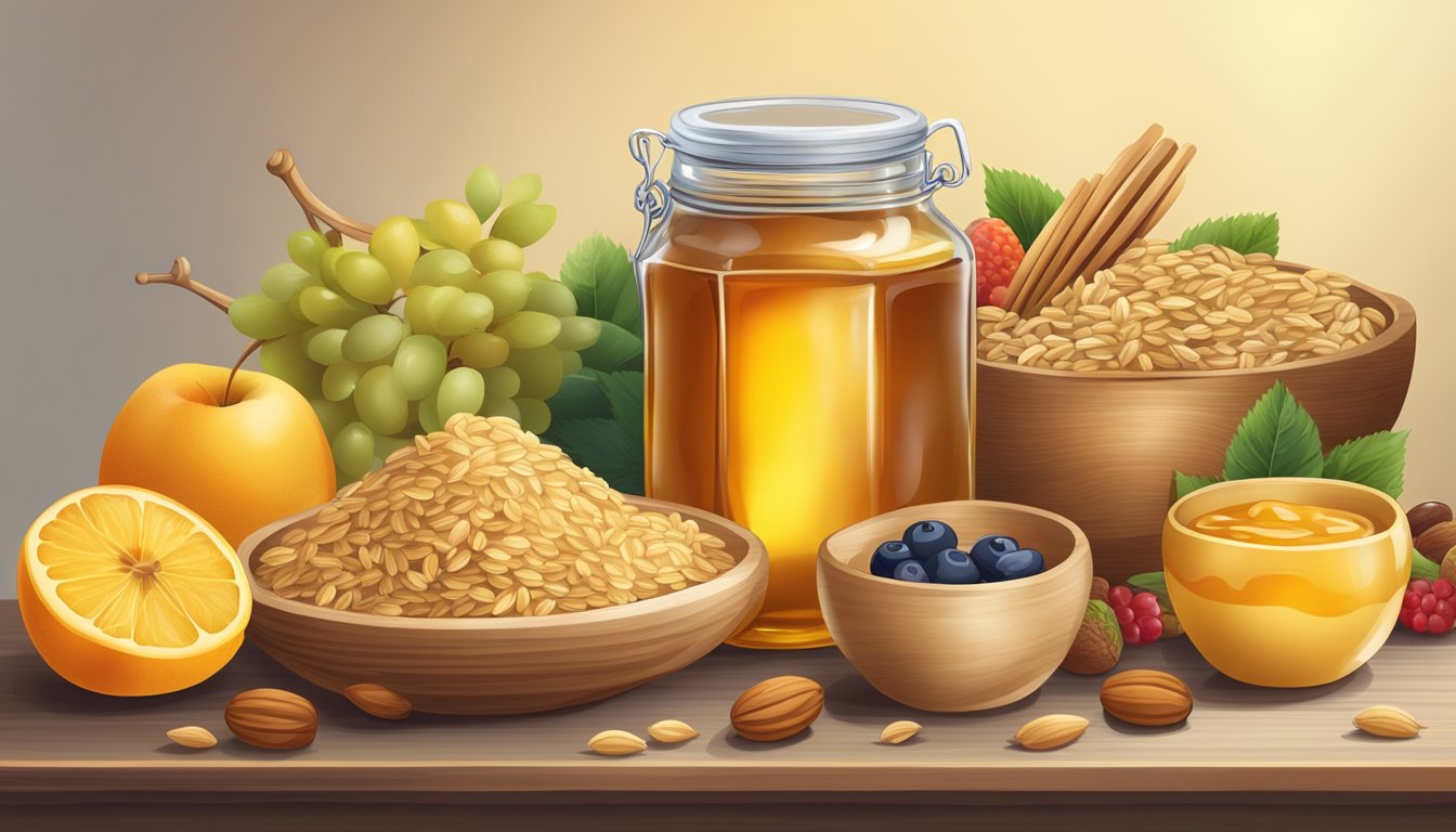 A jar of honey surrounded by a variety of nutritious foods, such as fruits, nuts, and grains, with a bowl of oat cereal in the background