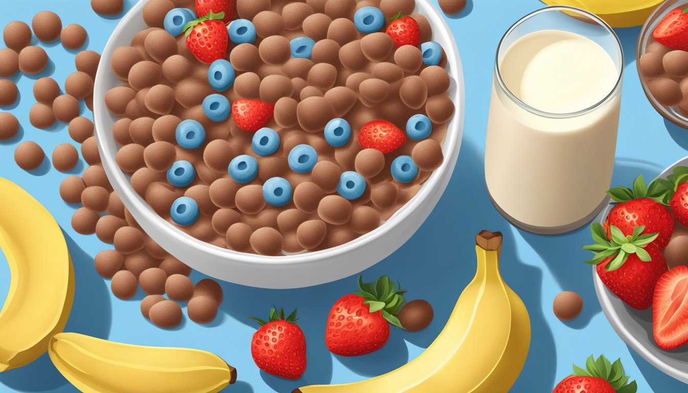 A bowl of cocoa puffs cereal with a glass of milk, surrounded by fresh strawberries and a banana