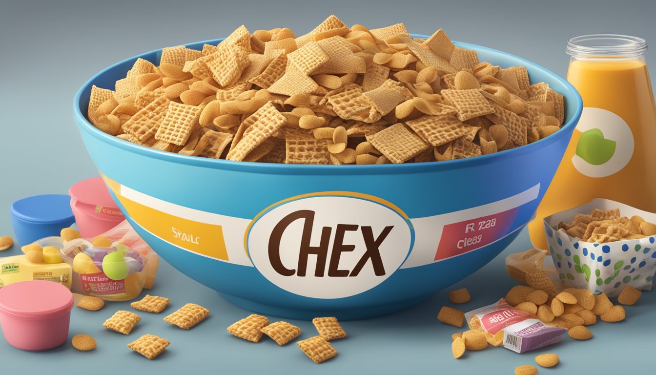 A bowl of Chex cereal surrounded by various food items, with a nutrition label and serving size information displayed nearby