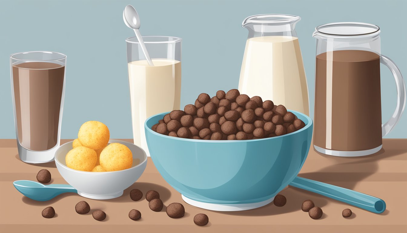 A bowl of cocoa puffs with milk, a spoon, and a measuring cup showing serving sizes