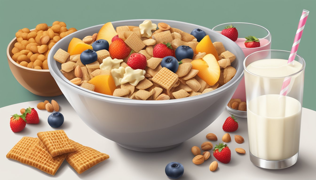 A bowl of Chex cereal surrounded by various healthy food items like fruits and nuts, with a glass of milk on the side