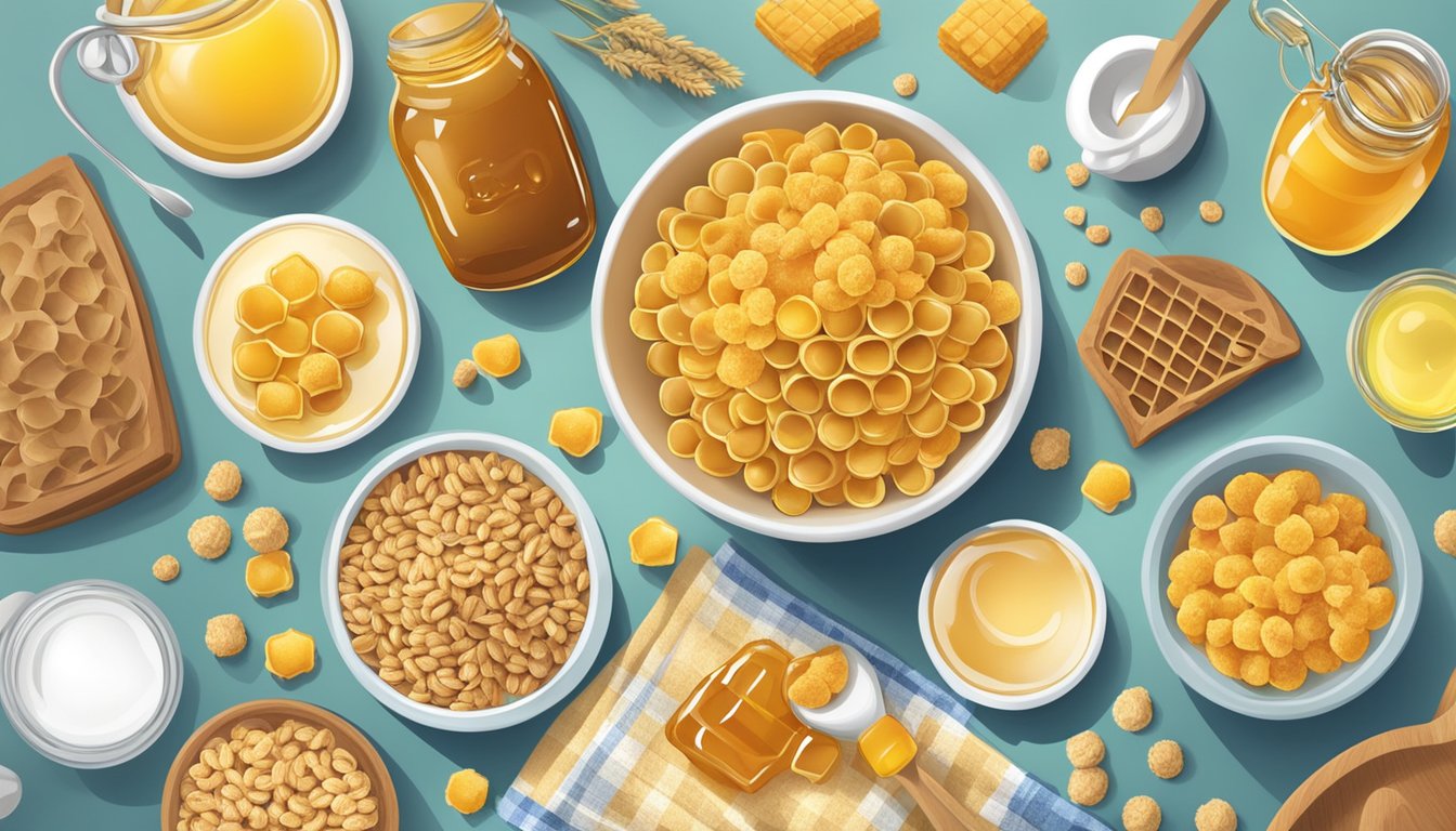 A bowl of honey ohs cereal surrounded by various related products and variations on a kitchen table