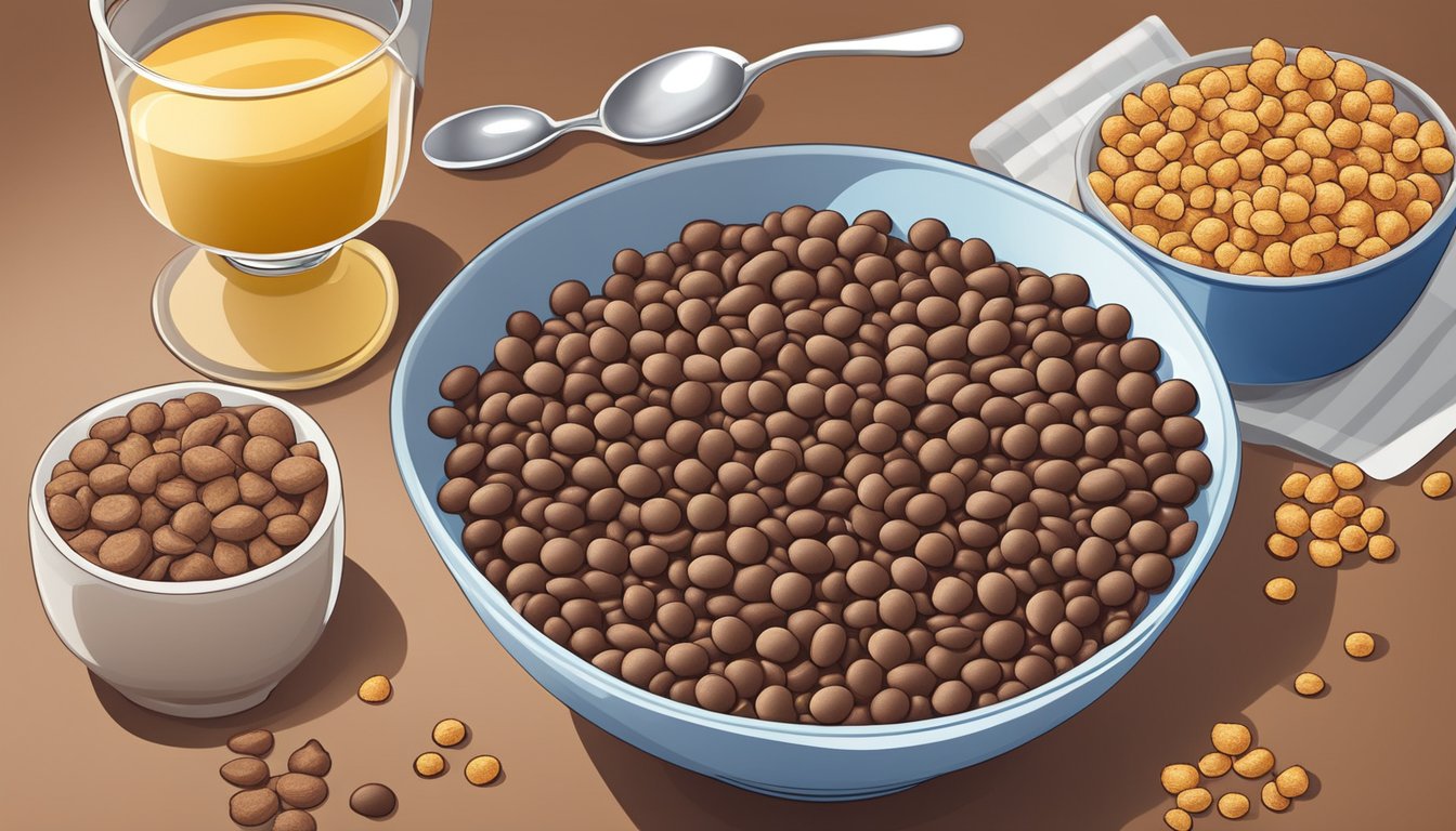 A bowl of cocoa puffs surrounded by various similar breakfast cereals on a kitchen table