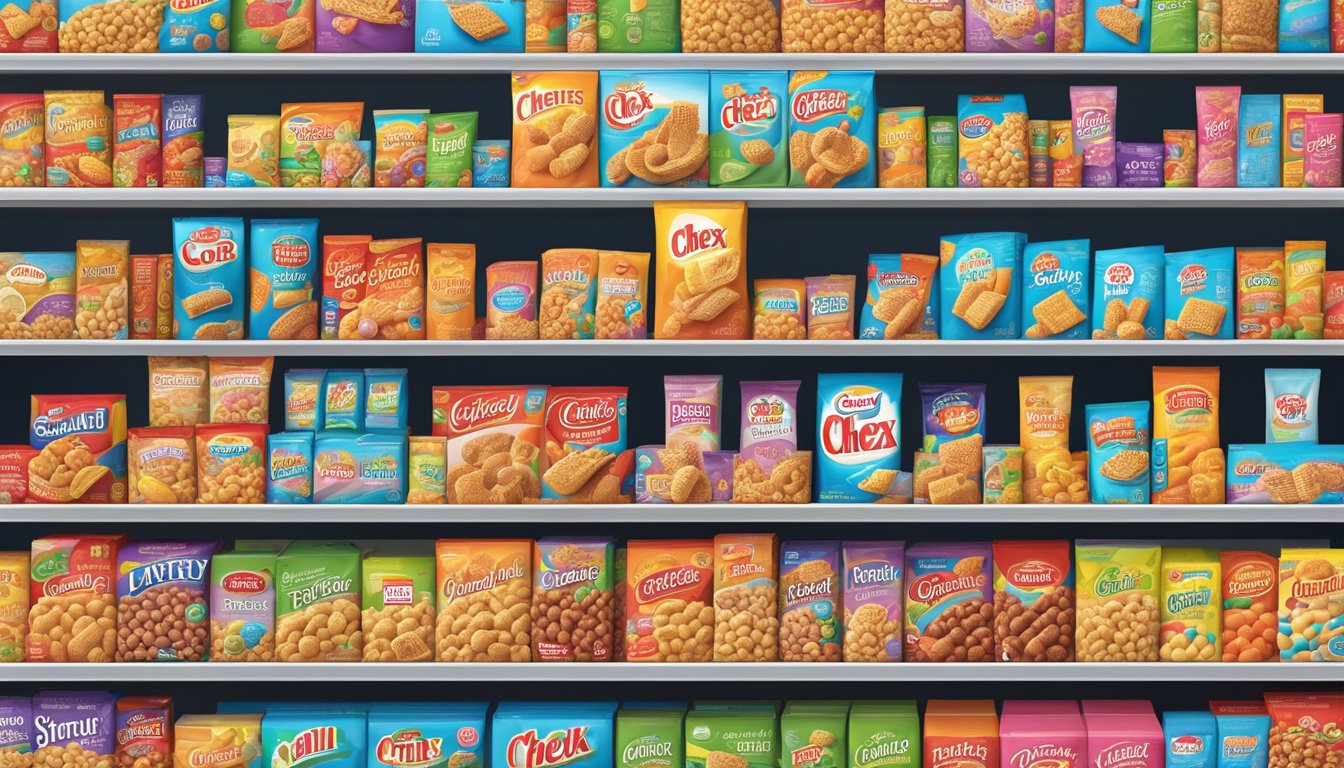 A colorful array of Chex cereal boxes and various product varieties displayed on a supermarket shelf