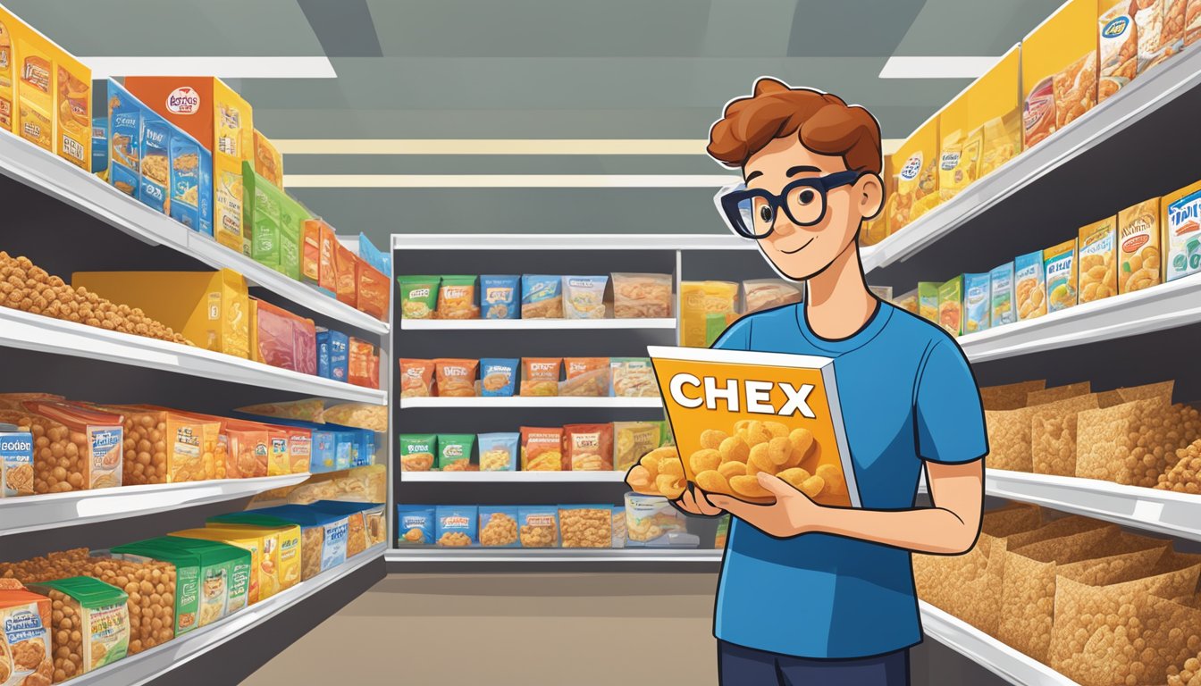 A person comparing nutrition labels on boxes of Chex cereal at a grocery store