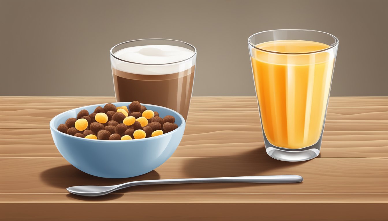 A bowl of cocoa puffs cereal with milk, a spoon, and a glass of orange juice on a wooden table