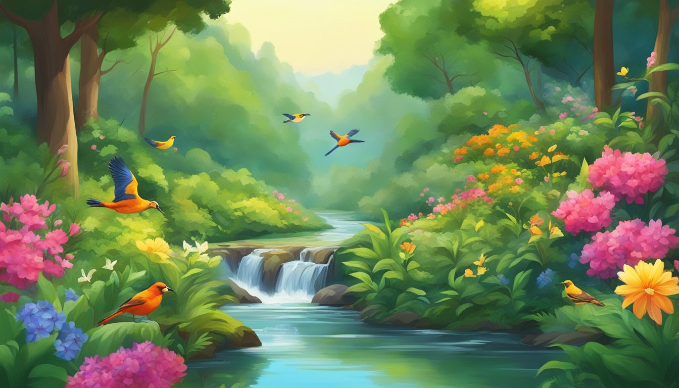 A lush green forest with a clear stream running through, surrounded by vibrant flowers and chirping birds