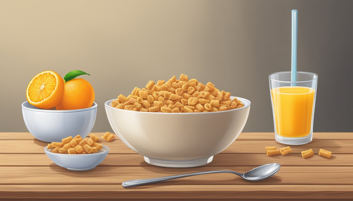 A bowl of Crispix cereal with milk, a spoon, and a glass of orange juice on a wooden table