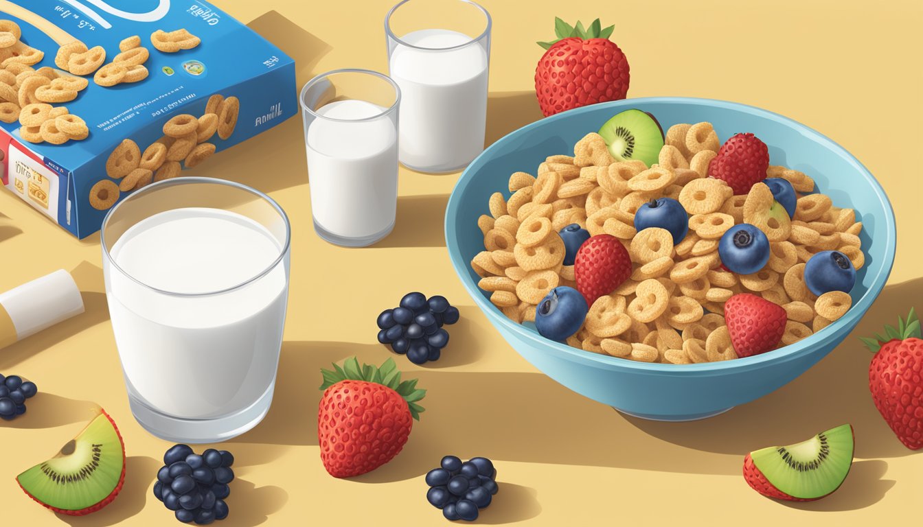 A bowl of Crispix cereal surrounded by fresh fruits and a glass of milk, with a nutrition label displayed nearby