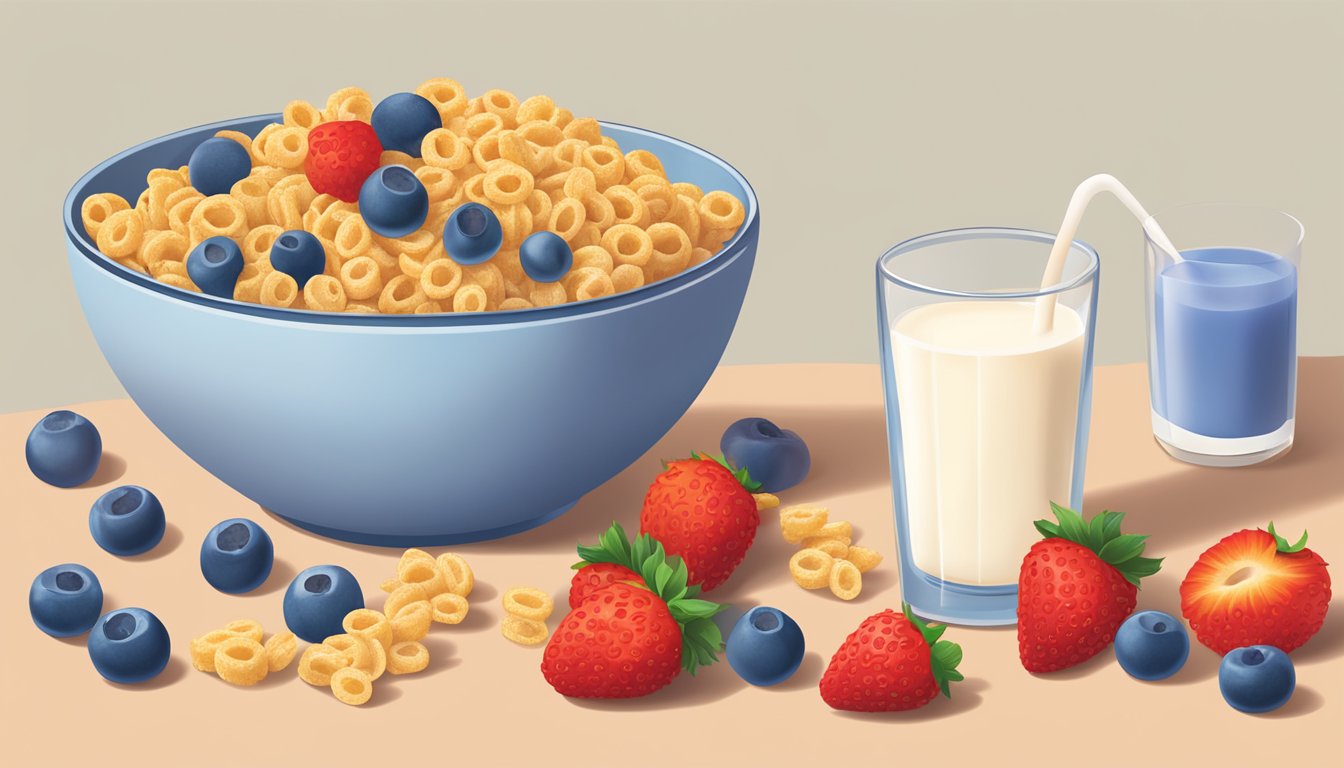 A bowl of Crispix cereal surrounded by fresh fruits and a glass of milk