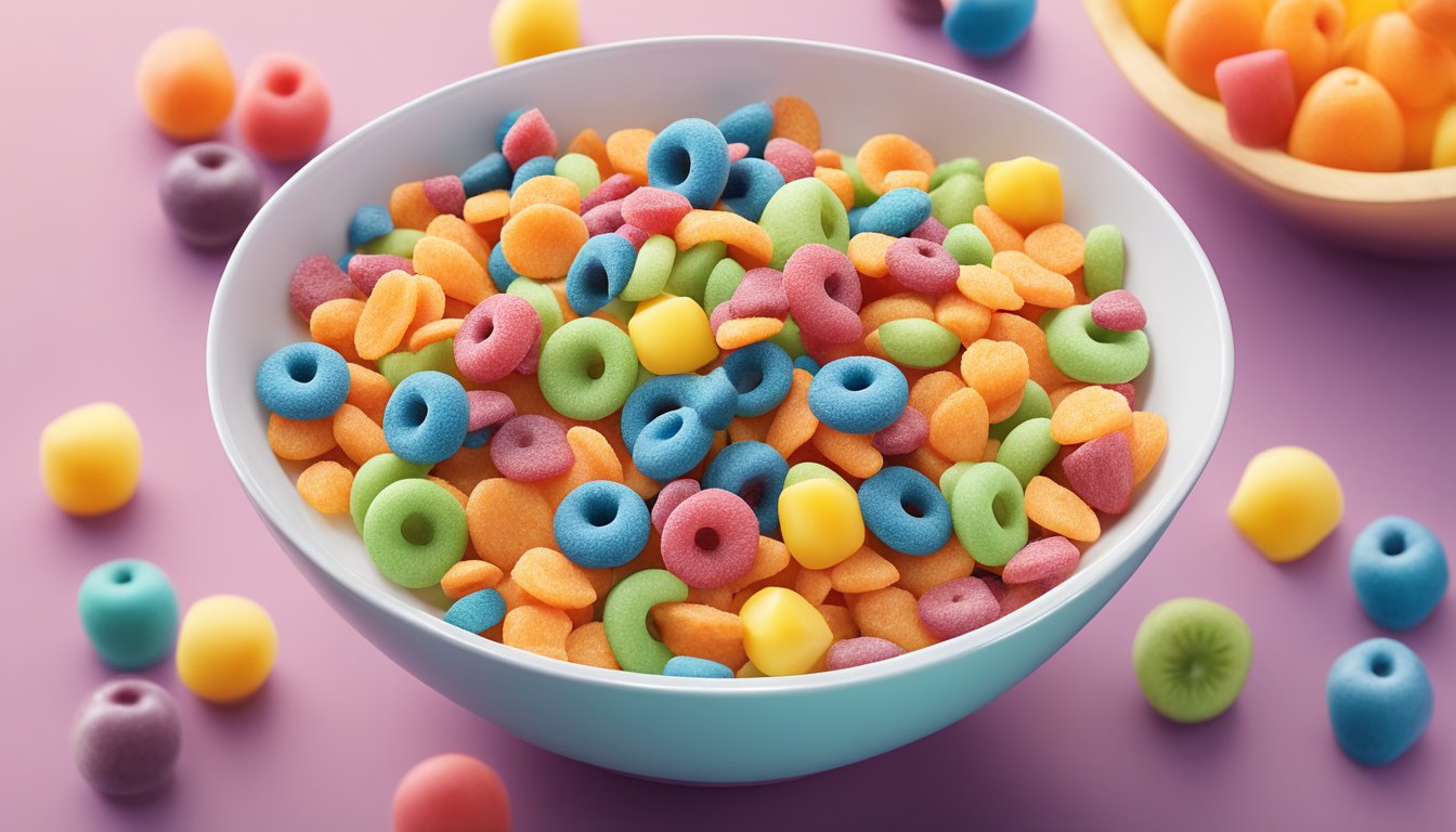 A bowl of Kellogg's Froot Loops cereal surrounded by colorful fruit pieces and a glass of milk