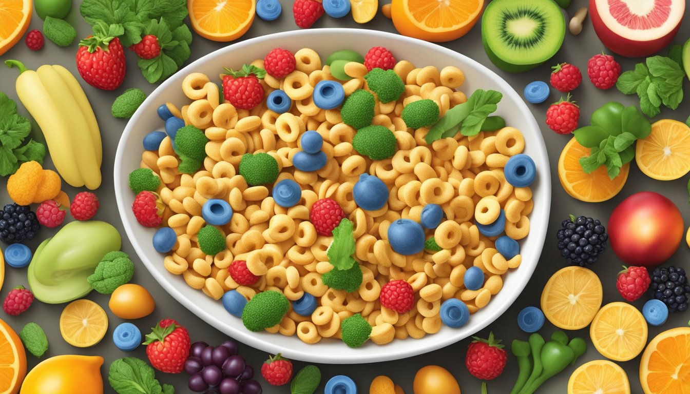 A bowl of Cheerios surrounded by colorful fruits and vegetables, with vitamin and mineral capsules scattered around