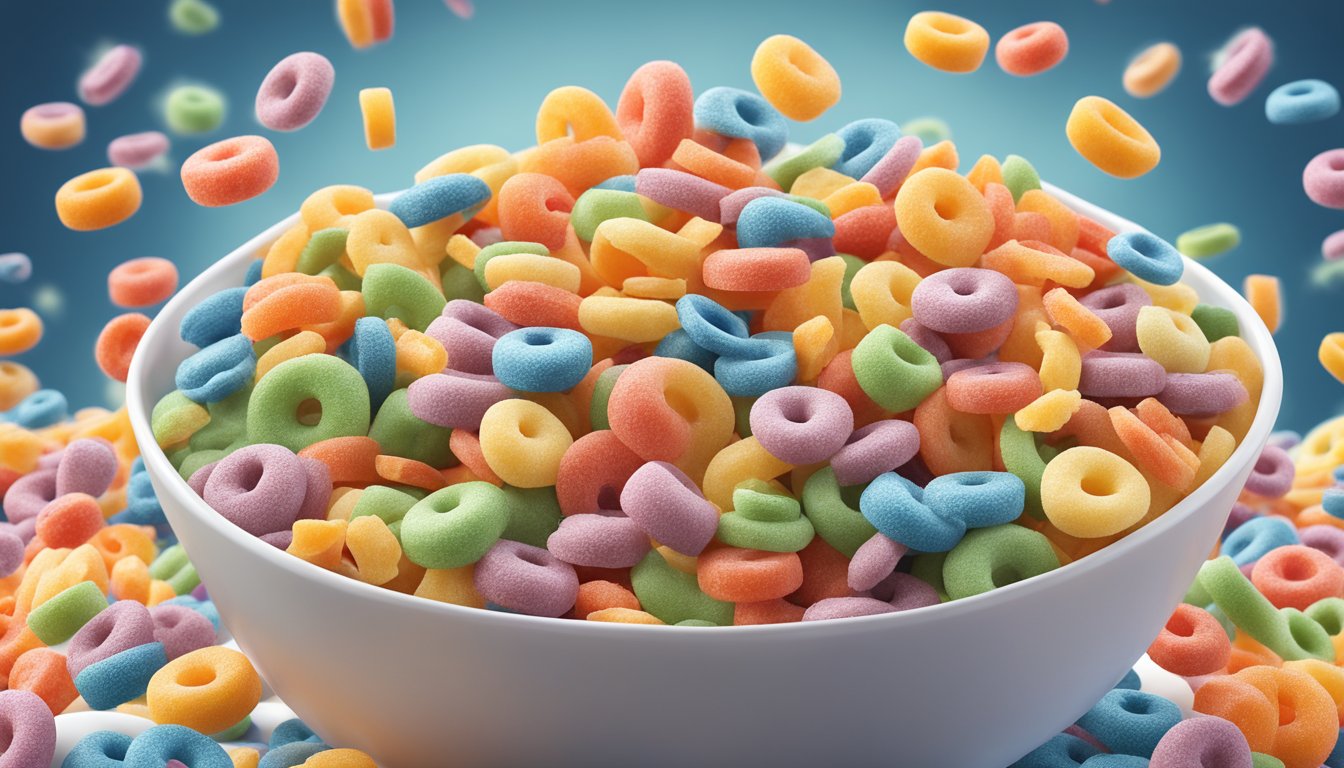 A bowl of Froot Loops cereal with milk, surrounded by scattered pieces of fruit and a box of Kellogg's Froot Loops in the background