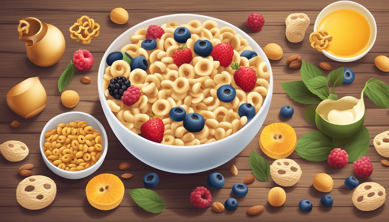 A bowl of Cheerios surrounded by various ingredients like milk, berries, and nuts on a wooden table