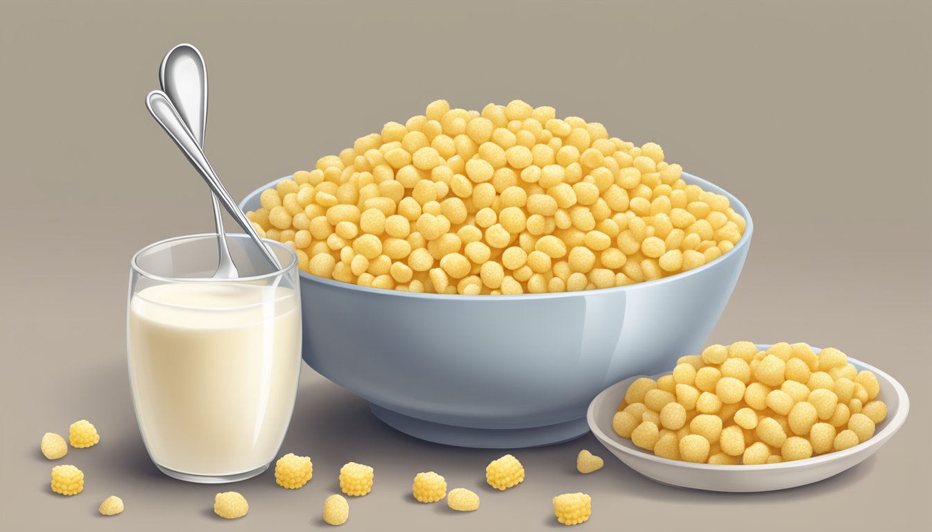 A bowl of corn pops surrounded by a glass of milk, a spoon, and a nutritional label