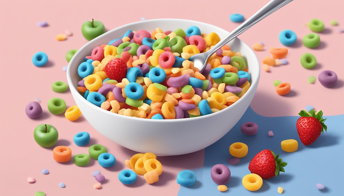 A bowl of Kellogg's Froot Loops cereal with a spoon and milk, surrounded by scattered pieces of fruit