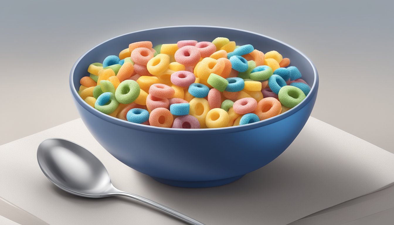 A bowl of Kellogg's Froot Loops cereal with a spoon, milk, and a nutrition label displayed nearby