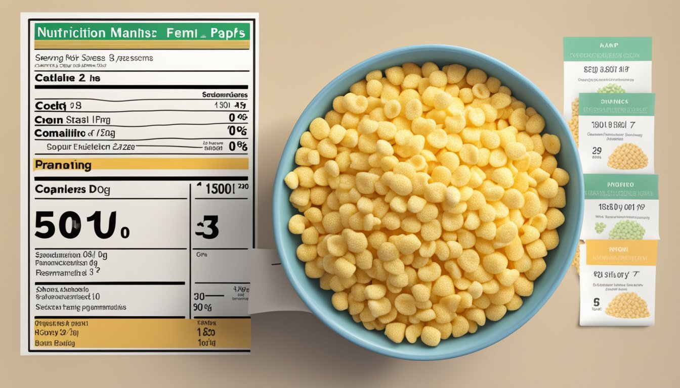 A bowl of corn pops next to a measuring cup and a nutrition label, with serving size and recommendations highlighted