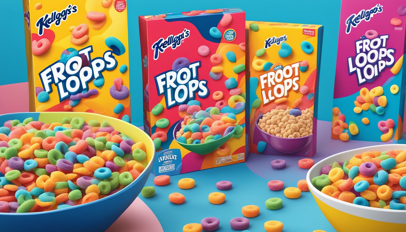 A bowl of Kellogg's Froot Loops sits next to other cereal boxes, showcasing its vibrant colors and playful shapes