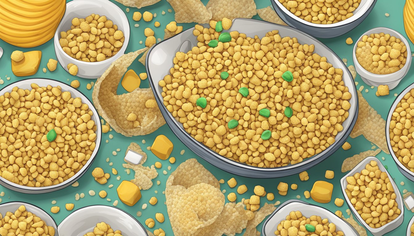 A bowl of corn pops surrounded by scattered ingredients with allergen labels