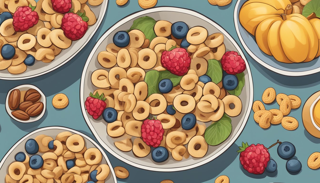 A table with three bowls of Cheerios, each labeled with a different age group: children, adults, and seniors. Surrounding the bowls are various healthy ingredients like fruits and nuts