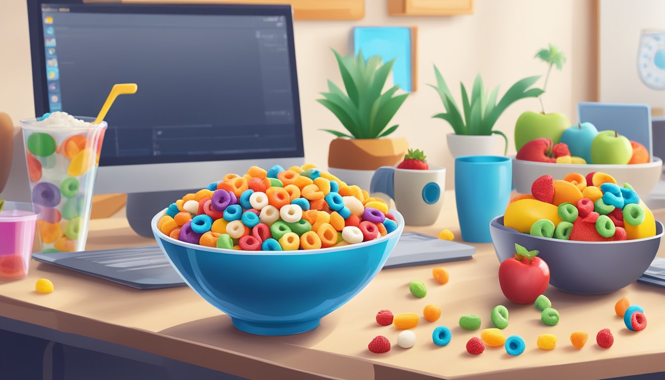 A colorful bowl of Kellogg's Froot Loops surrounded by various fruits and a spoon, with a computer screen in the background showing high engagement metrics