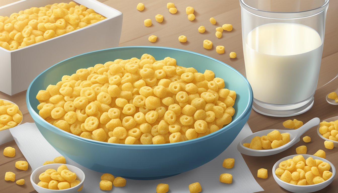 A bowl of corn pops cereal surrounded by nutritional information and a measuring cup of milk