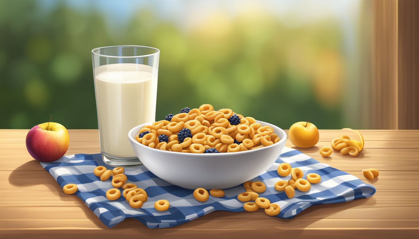 A bowl of Cheerios next to a pile of fruits and a glass of milk on a wooden table