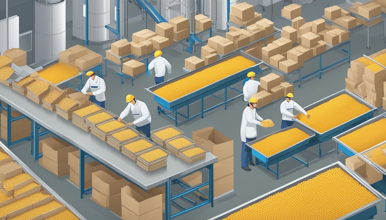 A factory floor with conveyor belts moving boxes of corn pops cereal, while a technician inspects certification labels