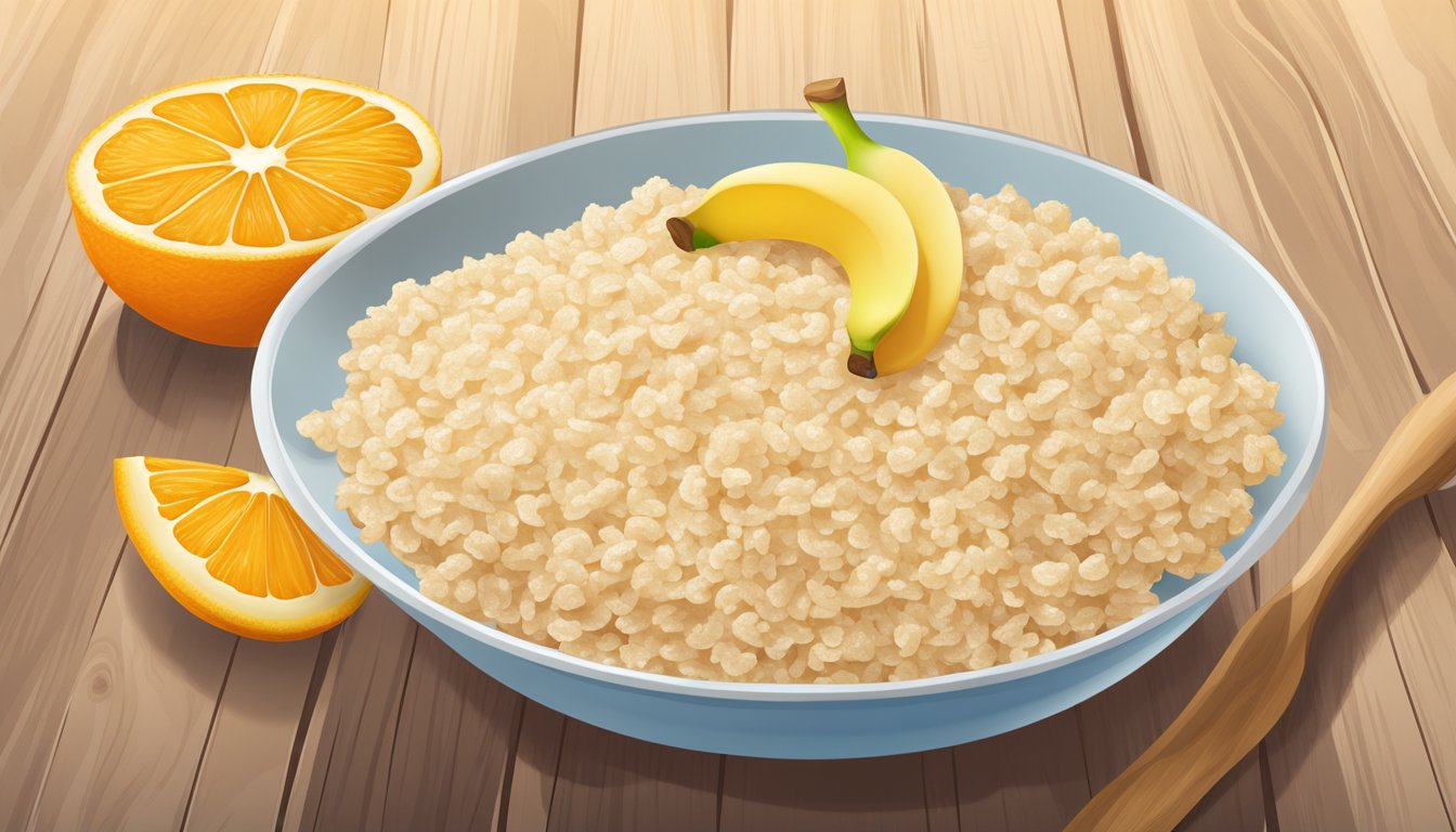 A bowl of rice krispies cereal with milk, a banana, and a glass of orange juice on a wooden table