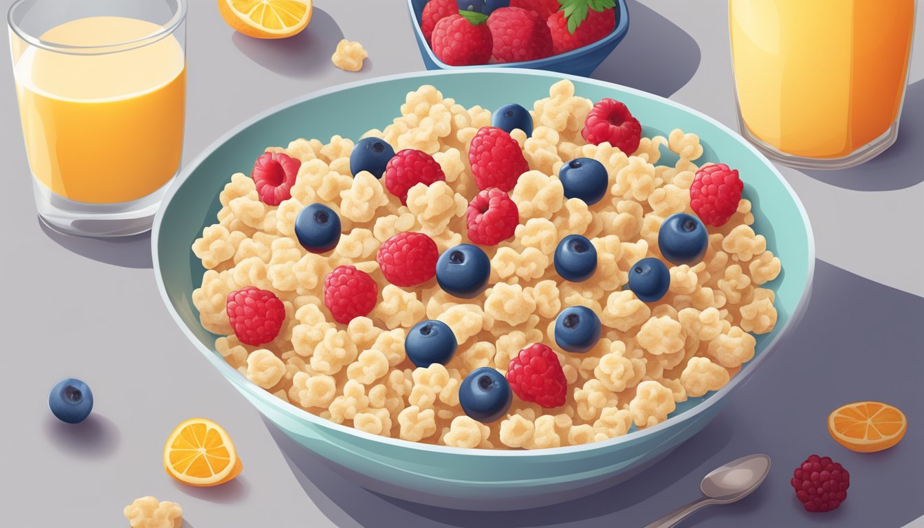 A bowl of Rice Krispies surrounded by fresh fruits and a glass of milk on a breakfast table