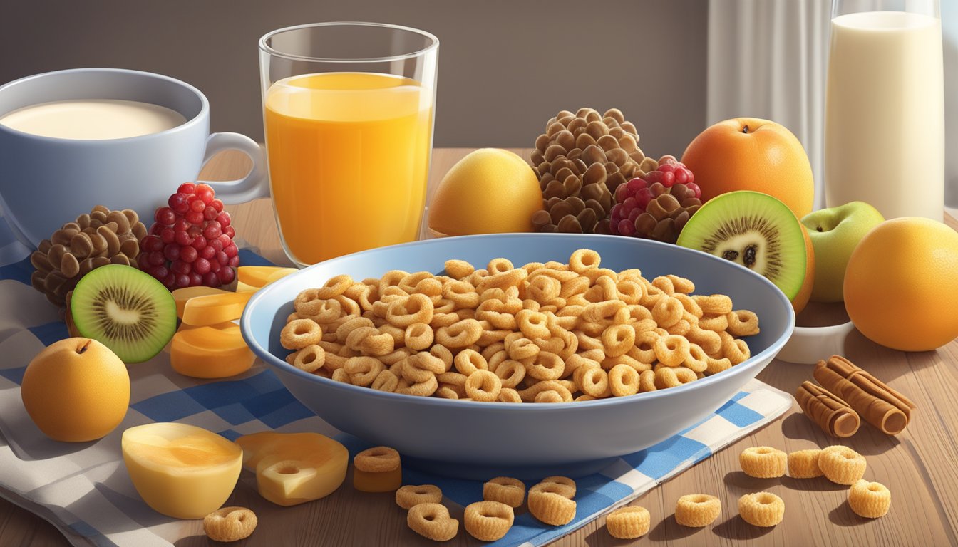 A bowl of honey nut cheerios surrounded by a variety of fresh fruits and a glass of milk, all placed on a wooden breakfast table