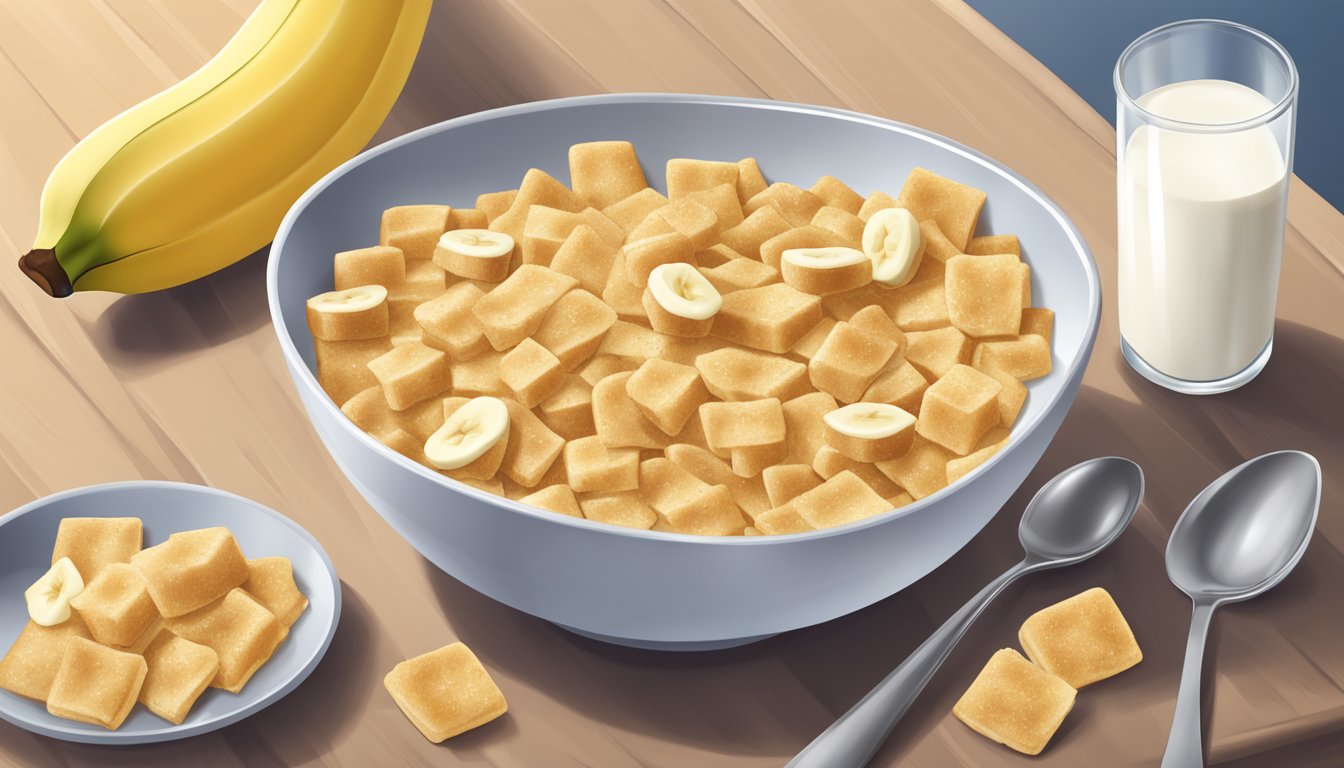 A bowl of French Toast Crunch cereal surrounded by a glass of milk, a spoon, and a banana on a kitchen table