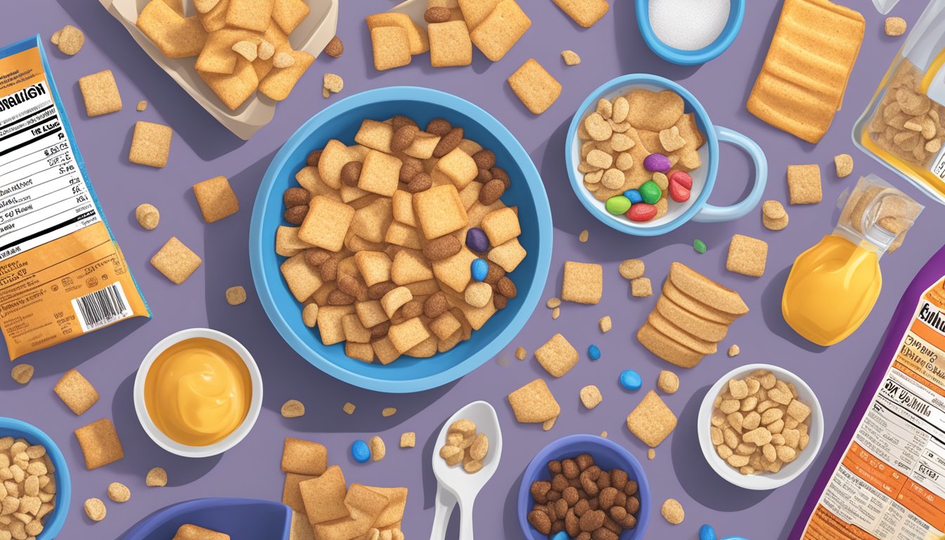 A bowl of French Toast Crunch cereal surrounded by various ingredient packages and a nutrition label