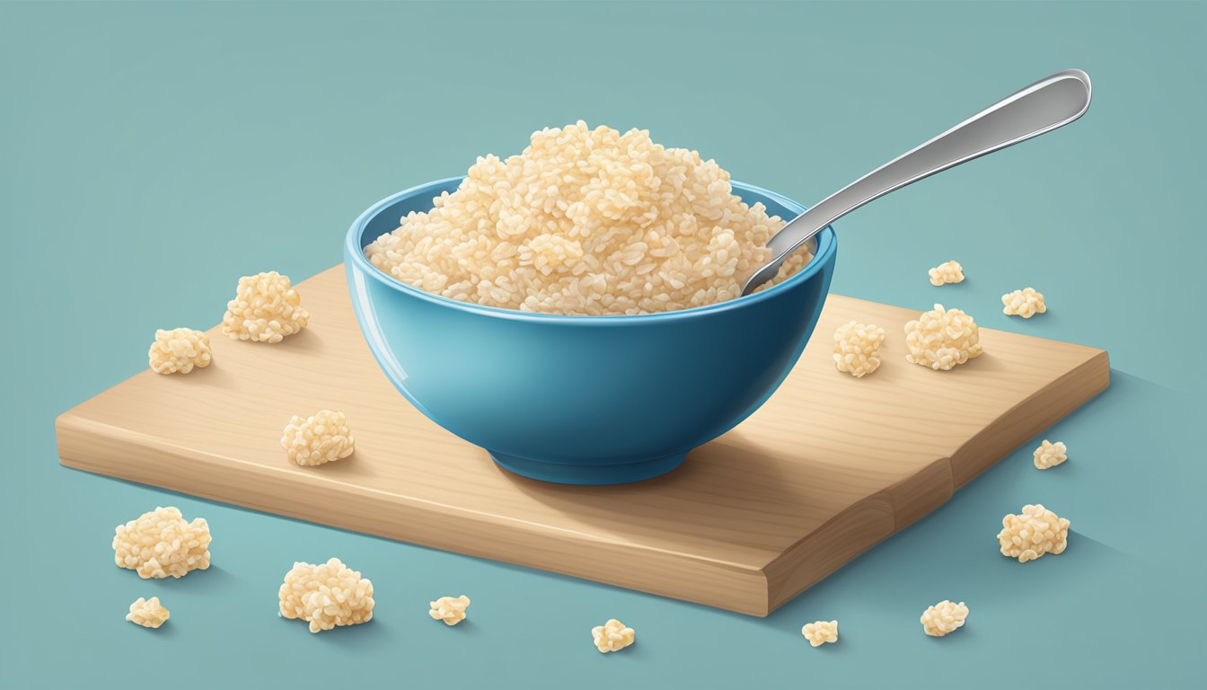 A bowl of Rice Krispies cereal with milk, a spoon, and a nutrition label on the side