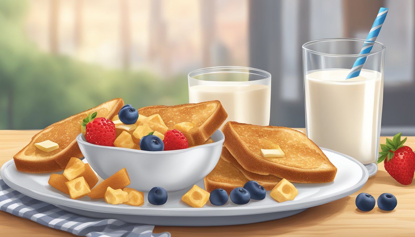 A plate of French toast crunch cereal with fresh fruit and a glass of milk