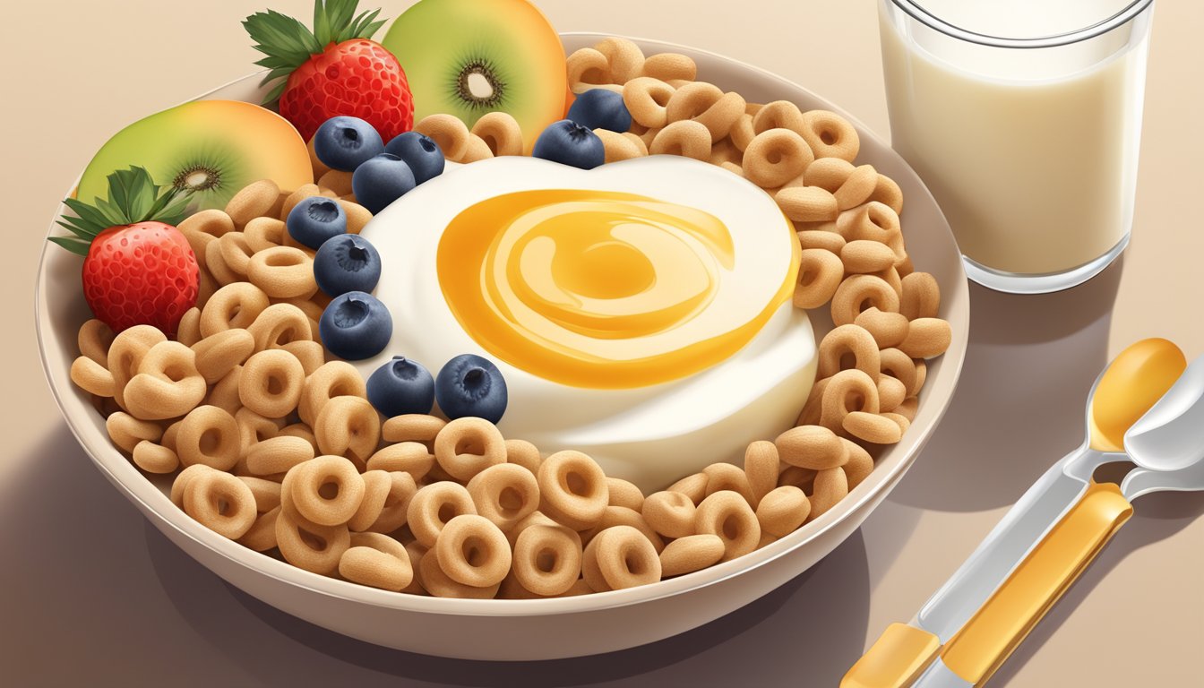 A bowl of Honey Nut Cheerios surrounded by a variety of fresh fruits and a glass of milk, with a nutrition label in the background