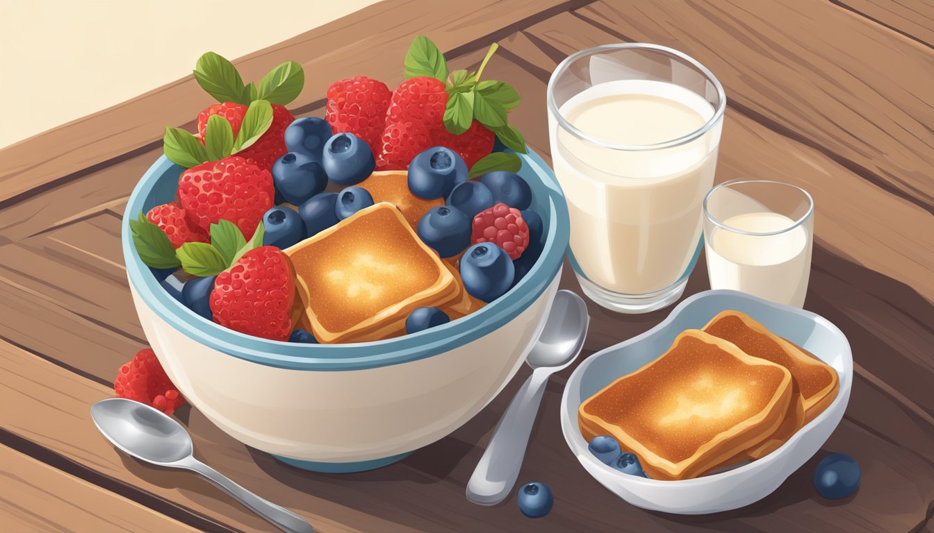 A bowl of French toast crunch cereal surrounded by fresh berries and a glass of milk on a wooden table